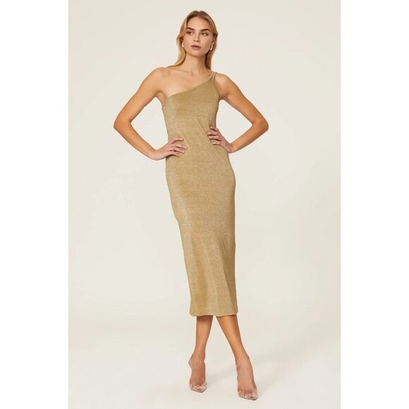THIRD FORM Gold Shimmer One Shoulder Bodycon Sleeveless Dress Women's Size 6 - Picture 1 of 10